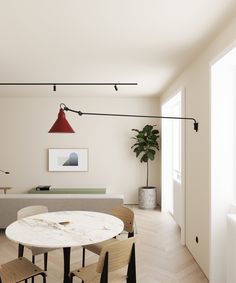 a dining room table with chairs and a potted plant