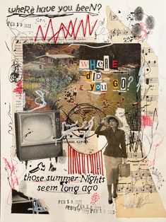 an altered collage with words and pictures on it, including a woman standing in front of a tv