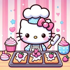 hello kitty cooking some cupcakes on the table