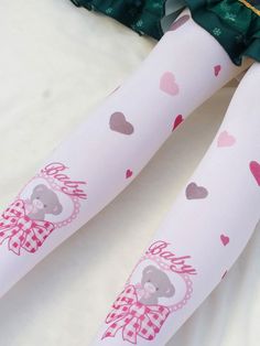 Bear and Heart Print Tights Cute White Stretch Tights, Cute Stretch White Tights, Cute Stretch Thigh-high Tights, Cute Thigh High Stretch Tights, Cute White Stretch Hosiery, Cute Stretch White Hosiery, Cute Pink Stretch Hosiery, Cute Pink Stretch Tights, Playful Pink Fitted Tights