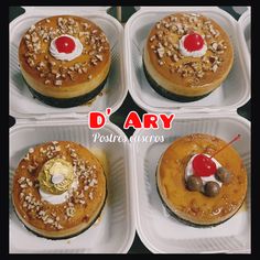 four desserts in plastic containers with toppings on top and the words d'ary above them