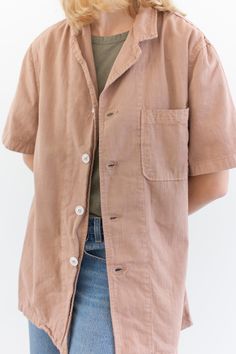 "This vintage workwear shirt has four white buttons, short sleeves and one left rounded pocket. Dusty Pink. Made in the 50s/60s. Garment Dyed in Los Angeles in 2020. Material: 100% Cotton 7 oz Condition: Good. Measurements-- -SMALL- Shoulders: 16.5\" | Chest: 19\" | Length: 28\" | Sleeve: 10.5\" -MEDIUM- Shoulders: 17\" | Chest: 21\" | Length: 30\" | Sleeve: 11\" -LARGE- Shoulders: 18\" | Chest: 23\" | Length: 30\" | Sleeve: 11\" -X-LARGE- Shoulders: 20\" | Chest: 25\" | Length: 30\" | Sleeve: 1 Small Shoulders, Crotch Boots, Vintage Workwear, Dusty Rose Pink, Work Shirt, Pink Vintage, Vintage Button, Work Shirts, Rose Pink