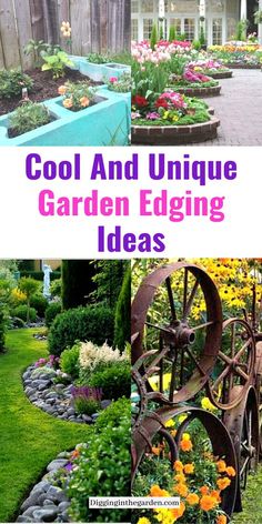 garden edging ideas with text overlay that reads, cool and unique garden edging ideas