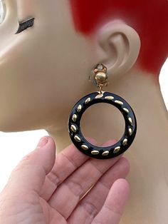 "Amazing vintage 1980's! Excellent vintage condition. Approx 2\". No wear to plate. Clips are secure. Unmarked. These are lightweight stamped metal." Vintage Black Metal Clip-on Earrings, Vintage Metal Circle Earrings, Vintage Small Hoop Metal Earrings, Retro Clip-on Hoop Earrings, Handmade Vintage Metal Hoop Earrings, Retro Hoop Earrings For Parties, Adjustable Vintage Hoop Earrings, Adjustable Vintage Round Hoop Earrings, Small Hoop Retro Earrings For Pierced Ears