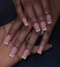 Cute Nails Ideas French Tips, Short Square Acrylic Nails October, White French Tip With Orange Design, White French Tip With Orange Line, Nail Art Designs Thanksgiving, Dark Orange French Tip Nails, White And Orange Nails Acrylic, French Tip Orange Nails, Orange French Tip Nails Short