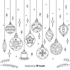 christmas ornaments hanging from strings with snowflakes and stars in the sky behind them