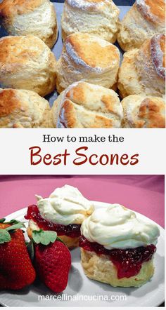 the best scones with strawberries and cream on top are shown in this collage