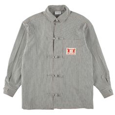 We want to introduce you to the kung fu shirt jacket in hickory cotton fabric. Chinese buttons on the front and cuffs were made by tying the same fabric as the body. The pleated design on the back gives it an A-line, relaxed-fit silhouette that, combined with the round collar, gives it an overly formal look. The seasonal logo tag on the chest patch pocket and the logo tag on the back are proof that this is a limited edition for this season. This piece can be enjoyed as a shirt or as a jacket.  T Chinese Jacket, Animal Print Party, Stocking Fillers For Him, Maternity Nightwear, Stocking Fillers For Her, Logo Tag, Dyeing Process, Silk Screen Printing, Formal Looks