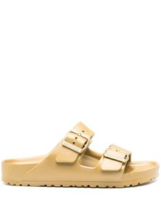 gold-tone round open toe double-strap design debossed logo to the side open back moulded branded footbed flat sole logo-engraved double buckle fastening Gold Slide Footbed Sandals With Buckle, Gold Slide Footbed Sandals With Buckle Closure, Casual Gold Slides With Buckle Closure, Gold Open Toe Slides With Buckle Closure, Classic Gold Sandals With Buckle Closure, Gold Slides With Leather Footbed, Gold Leather Footbed Slides, Double Strap Sandals, Aviator Watch