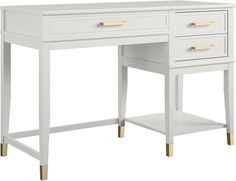 a white desk with two drawers and gold handles on the bottom drawer, against a white background