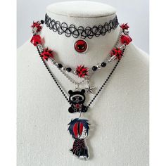 Spikey emo choker 🖤 Red & black beaded necklace, w star accent beads, & using all stainless steel only.. very high quality. Will not tarnish.  Measures 16-19" adjustable closure.  ❤️🩹 any other jewelry in pic, not included. Handmade Punk Choker For Gift, Handmade Black Punk Necklace, Punk Black Choker Jewelry, Red Punk Choker As Gift, Red Emo Jewelry For Party, Punk Style Black Choker Jewelry, Edgy Black Necklaces For Cosplay, Black Punk Style Choker Jewelry, Black Punk Choker For Cosplay