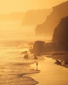 a person walking on the beach at sunset