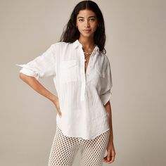 J.Crew: Textured Popover Top For Women Casual Tops With Roll-up Sleeves And Shirttail Hem, Versatile Fall Blouse With Roll-up Sleeves, Chic White Blouse With Roll-up Sleeves, Trendy Tops For Fall Daywear, Effortless Layering Blouse For Fall, Effortless Fall Layering Blouse, Casual Blouse With Roll-up Sleeves And Shirttail Hem, Relaxed Fit Long Sleeve Top With Rolled Sleeves, Versatile Relaxed Fit Blouse For Layering