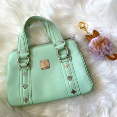 Authentic Mcm Handbag - Rare Mint Color Bag - Preloved But Well Loved - With Signs Of Use But Well Loved - With Lots Of Compartments Inside Green Satchel With Branded Hardware For Daily Use, Daily Use Green Satchel With Branded Hardware, Green Tote Bag With Branded Hardware, Green Satchel Bag With Branded Hardware, Green Tote Satchel With Branded Hardware, Mcm Handbags, Mcm Bags, Mint Color, Better Love