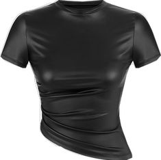 Edgy Fitted Faux Leather Top, Fitted Faux Leather Edgy Tops, Edgy Faux Leather Top For Night Out, Trendy Fitted Faux Leather Tops, Trendy Fitted Faux Leather Top, Chic Faux Leather Tops For Club, Edgy Fitted Top With Asymmetrical Zip, Summer Party Faux Leather Tops, Black Short Sleeve Leather Top