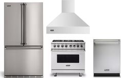 an assortment of kitchen appliances including stove, refrigerator and oven with range hood on white background