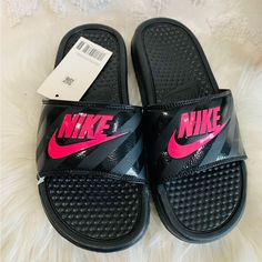 Size 6 Brand New No Flaws Casual Pink Open Toe Sneakers, Spring Pink Open Toe Sneakers, Trendy Black Flat Slides, Nike Pink Slides For Summer, Pink Nike Casual Slides, Pink Low-top Synthetic Sandals, Trendy Synthetic Slides For Sports, Casual Pink Nike Slides, Pink Open Toe Slides For Sports