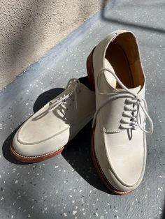 For sale as is- mens 1940s style ReMix reproductionshoes white sport bucks in size 9 Has staining and scuffs could possible be removed?  White suede with brown soles and white laces. Mens Loafers, 1940s Style, 1940s Fashion, Slip Ons, Loafer Shoes, Loafers Men, White Lace, Shoes Mens, Men's Shoes