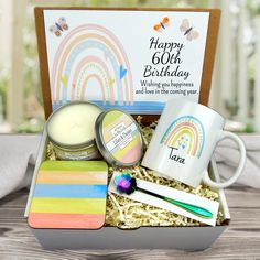 a birthday gift box with candles, mugs and other personal care items in it