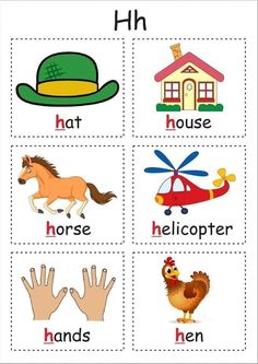 a set of four cards with different words and pictures on them, including the letter h