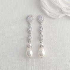 Delicate Slim Long Silver Pearl Earrings for Weddings and Formal Wear – PoetryDesigns Pearl Wedding Jewelry Sets, Silver Pearl Drop Earrings, Bridal Jewelry Pearl Sets, Silver Bridal Jewellery, Wedding Jewellery Designs, Bridal Jewellery Set, Rose Gold Pearl, Pearl Bridal Jewelry, Silver Pearl Earrings