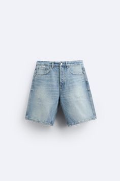 STRAIGHT FIT DENIM SHORTS - Mid-blue | ZARA United States Summer Jean Shorts With Hip Pockets, Relaxed Fit Jean Shorts With Pockets, Summer Medium Wash Bottoms With Patch Pockets, Light Wash Bottoms With Patch Pockets For Summer, Casual Short Length Jeans With Patch Pockets, Casual Short Jeans With Patch Pockets, Summer Light Wash Bottoms With Patch Pockets, Casual Medium Wash Jean Shorts With Patch Pockets, Relaxed Fit Mid-rise Shorts With Patch Pockets