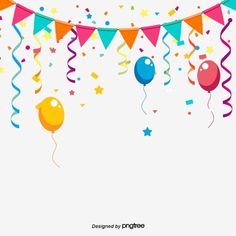 colorful party balloons and streamers on a white background