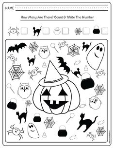 halloween themed worksheet for kids to practice counting and matching numbers with their own pictures