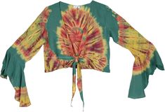 Go ahead, be a little extra! You'll look fabulous in this boho-to-the-max Tie Dye Top.  It comes from the shoulder down like a kimono with a v-neck and gives you long ties to tie at the waist. #tlb #Fringe #vacationclothing #beachwrap #TieDye #Handmade #tiedyetoo #bellsleevestop #hippietop Rainbow Tie Dye Shirt, Bridesmaids Outfits, Bell Sleeves Top, Sage Green Tie, 70s Clothing, Hippie Top, Tie Dye Fashion, Green Tie Dye, Green Tunic