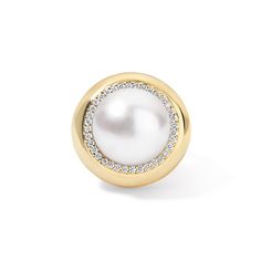 Elevate your style with our exquisite Large Candy Button Pearl Ring. Crafted with meticulous attention to detail, this stunning piece features a lustrous Mabe Pearl delicately set in radiant gold. Whether worn as a statement piece or to complement your everyday attire, its timeless elegance makes it a must-have in any jewelry collection. Embrace sophistication and luxury with this heirloom-quality ring, perfect for any occasion. 14K Yellow Gold Mabe Pearl = 12mm Diamond Halo weight = 0.21 carats Luxury Yellow Gold Dome Ring With Center Stone, Diamond Pearl Ring With Polished Finish For Anniversary, Elegant Pearl Ring With Diamond In Round Cut, Elegant Pearl Ring With Diamond Center Stone, Luxury Pearl Promise Ring With Brilliant Cut, Formal Fine Jewelry Halo Ring With Polished Finish, Luxury Brilliant Cut Pearl Promise Ring, Elegant Diamond Dome Ring With Polished Finish, Timeless Gold Halo Ring With Ethical Diamonds