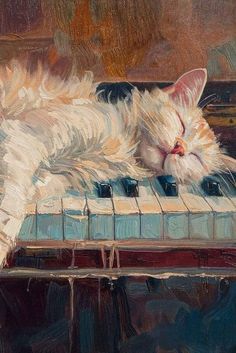 a painting of a white cat sleeping on top of a piano keyboard with it's eyes closed