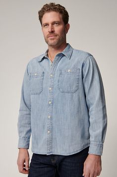 Like a shimmering dew on the mountainside, the cool distressed finish of the Bison Pass denim shirt makes an impression. This casual essential combines artful appeal with the easy comfort of classic cotton chambray. Heavy-thread detailing, resin fish-eye buttons, and smart chest pockets finish this workwear-inspired style with unique appeal. Casual Faded Button-up Tops, Unstructured Washed Shirt In Medium Wash, Light Indigo Relaxed Fit Shirt For Everyday, Casual Chambray Shirt For Everyday, Everyday Light Indigo Relaxed Fit Shirt, Casual Light Indigo Tops With Relaxed Fit, Everyday Casual Chambray Shirt, Rugged Relaxed Fit Button-up Shirt, Blue Unstructured Washed Tops