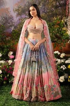 Ice blue and pink ombre, attached cancan lehenga adorned with hand-embroidered nalki crystals, sequins, and beads. Comes with padded cowl neck blouse embellished with sequins, beads, and nalki crystals attached rhinestone studded straps and a butterfly net dupatta with floral embroidery and cutwork detailing at borders. - Aza Fashions Lehenga Patterns, Engagement Mehndi, Sick Clothes, Cowl Neck Blouse, Function Dresses, Lehenga Pattern, Indian Outfits Lehenga, Embroidery Crafts, Dresses Traditional