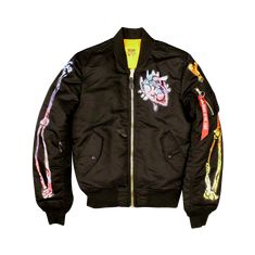 Hand Painted Black Bomber Water Resistant Reversible SHELL: Flight Nylon LINING: Nylon FILL: Polyester Fitted Black Nylon Outerwear, Water Resistant, Mens Jackets, Bomber Jacket, Hand Painted, Black