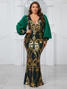 Color: MulticolorPattern Type: Floral, Random PrintType: A LineDetails: Belted, Contrast Mesh, ZipperNeckline: Deep V NeckSleeve Length: Long SleeveSleeve Type: Bishop SleeveLength: MaxiHem Shaped: FlaredWaist Line: High WaistFit Type: Regular FitFabric: Slight StretchMaterial: SequinsComposition: 95% Polyester, 5% ElastaneCare Instructions: Hand wash,do not dry cleanSheer: No Green V-neck Maxi Dress For Banquet, V-neck Maxi Dress For Banquet And Party Season, Festive V-neck Banquet Dress, Green V-neck Evening Dress With Sequins, Festive Green Evening Dress For Banquet, Festive V-neck Gala Dress, Green V-neck Evening Dress For Party Season, Festive Long Sleeve Evening Dress For Party Season, Glamorous Long Sleeve Maxi Dress For Festive Occasions