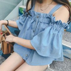 Cold Shoulder Short-Sleeve Top Pit To Pit 17" Length 20" Size Small Denim Shirt With Jeans, Denim Blouse, Elbow Sleeve, Chambray Shirt, Off Shoulder Tops, Casual Blouse, Ladies Fashion, Denim Top, Short Sleeve Blouse