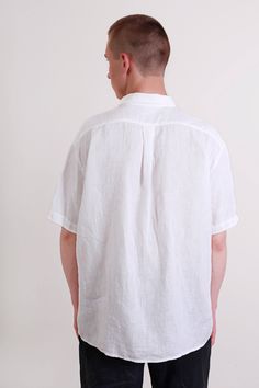 "Pure linen men's shirt for casual wear, made in organic certified by OEKO-TEX standard 100 linen. Shirt with short sleeves and collar-stand, yoke at back and with both side pleat at back. Shirt center back length- 75cm (29.5\"). Item quality - washed and softened, should not shrink anymore. On picture model wears shirt in size S, milky white linen. Linen men's pants listing please find here: www.etsy.com/listing/542456269/linen-trouser-for-men-casual-style-mens?ref=shop_home_active_6 Shirt for Plain White Shirt For Summer, White Plain Shirt For Summer, White Relaxed Fit Short Sleeve Shirt With Spread Collar, White Short Sleeve Shirt With Spread Collar Relaxed Fit, White Linen Tops With Placket, White Casual Shirt With Placket, White Short Sleeve Shirt With Spread Collar, Casual White Linen Shirt, White Linen Shirt With Buttons