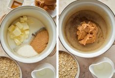 two pictures show the process of making peanut butter and oatmeal cookies in bowls