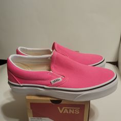 Brand New Vans Slip On Women's 100% Authentic Pink/White Size 5.5 The Classic Slip-On Features Sturdy Low Profile Slip-On Canvas Uppers, Padded Collars, Elastic Side Accents, And Signature Rubber Waffle Outsoles. Vans Slip-ons With Round Toe For Spring, Vans Slip On Women, White Slip On Vans, Laceless Sneakers, Platform Vans, Character Fashion, Checkered Vans, Skater Shoes, Womens Boat Shoes