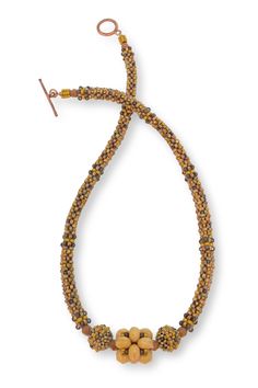 Beaded Necklace - A hand-woven cluster of faceted, Czech glass rondelles centered between two hand-woven beaded orbs are suspended from textured lengths of woven glass beads in Picasso brown, punctuated with umber and Tuscan gold. A fire-forged copper toggle elegantly complements the flattering 24 length. Artisan Single Strand Gold Beads, Artisan Gold Single Strand Beads, Artisan Gold Beaded Necklaces With Spacer Beads, Copper Jewelry With Gold Round Beads, Gold Jewelry With Faceted Beads And Copper, Gold Copper Jewelry With Faceted Beads, Brown Copper Jewelry With Spacer Beads, Gold Artisan Beaded Necklaces With Faceted Beads, Artisan Gold Beaded Necklaces With Faceted Beads