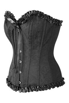 This stunningly simple black overbust is the perfect corset to celebrate your love of Gothic and Steampunk style. Fetching ruffles along the bustline and across the hem add a touch of femininity and all this is topped off with a pretty black bow at the centre of the bustline. Pair it up with a pair of jeans or a long flowing skirt depending on your preference and the style you wish to create. The pattern on the corset shimmers in low light and the lightweight steel bones (coupled with the soft l Steampunk Style Underbust Corset With Ruffles, Steampunk Underbust Corset With Ruffles, Fitted Corset With Attached Cancan, Strapless Ruffled Corset For Costume Party, Coquette Underbust Corset For Costume Party, Black Corset With Sweetheart Neckline And Ruffles, Gothic Underbust Corset With Ruffles, Gothic Underbust Corset Dress With Ruffles, Gothic Strapless Corset Dress With Ruffles