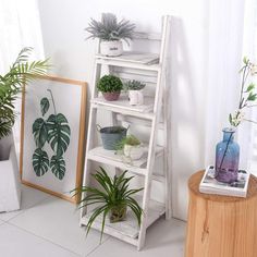 a white shelf filled with potted plants next to a wooden table and framed pictures