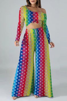 Rainbow Striped Print Pant Set Casual Multicolor Fitted Wide Leg Pants, Casual Fitted Multicolor Wide Leg Pants, Multicolor High-waisted Wide Leg Pants, Multicolor Stretch Wide Leg Pants For Spring, Stretch Multicolor Wide Leg Pants For Spring, Rainbowcore Fashion, Two Piece Suits, Print Pant, Sweet Fashion