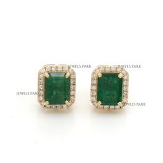 Vivid green emerald cut emerald halo diamond stud earrings gold | Natural emerald mini diamond studs gold | Emerald studs earrings gold GEMSTONE DETAILS : ✦ Gemstone : Emerald ✦ Gemstone Type : Natural ✦ Gemstone Size : 6X8 MM ✦ Gemstone Shape : Octagon ✦ Number of Gemstones : 2 ✦ Gemstone Weight : 2.780 Carats ✦ Gemstone Grade : AAA DIAMOND DETAILS : ✦ Diamond Type : Natural ✦ Diamond Size : 1.30 mm ✦ Diamond Color : F-G ✦ Diamond Clarity : Slightly included ✦ Diamond Cut : Excellent - Very Goo Studs Earrings Gold, Emerald Studs, Emerald Halo, Gold Diamond Earrings Studs, Gold Diamond Studs, Rainbow Sapphires, Studs Gold, Emerald Earrings Studs, Stud Earrings Gold