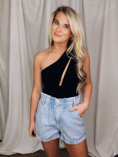 Bottoms feature a true denim material Style Shorts, Suede Material, Bag Style, Piece Of Clothing, Solid Black, The Cutest, One Shoulder Blouse, Strapless Top, Final Sale