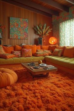 a living room filled with lots of orange furniture