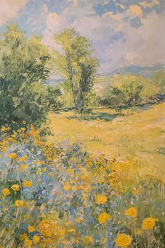 an oil painting of yellow and blue flowers in a field with trees on the other side