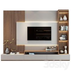 modern living room with entertainment center and built - in bookshelves on the wall