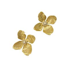 * 14k yellow gold vermeil over brass * Post back * 1.25" wide x 1.25" tall Gold Flower Shaped Jewelry For Formal Occasions, Yellow Gold Plated Flower Earrings For Anniversary, Yellow Gold Flower Earrings In 14k, Yellow Gold Flower Charm Earrings, Gold Plated Flower Charm Earrings For Wedding, Delicate Gold Tarnish-resistant Earrings, Gold Flower-shaped Earrings For Wedding, Gold Flower Pendant Earrings For Wedding, 14k Gold Flower Earrings Jewelry