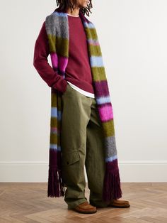 The Elder Statesman is renowned for its interesting colour combinations and incredibly soft fabrics and this oversized 'Thistle' scarf exemplifies both. It's hand-knitted from a plush alpaca-blend with vivid stripes and finished with fringed ends. Knitting Winter Scarf, 2024 Moodboard, Scarf For Men, Knitted Scarves, Elder Statesman, Scarf Men, Comfort Wear, Colour Combinations, Loungewear Shorts